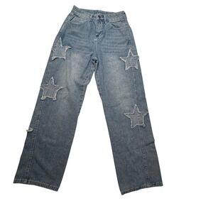 Y2K Star Patch Wide Leg Jeans Distressed Straight Leg Denim XS Indie Sleaze